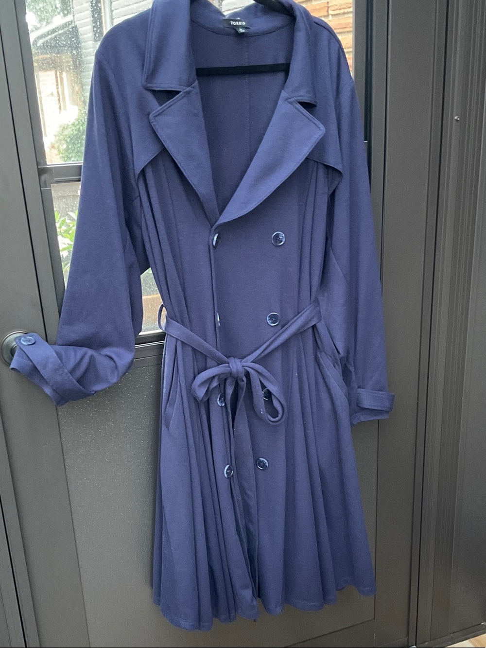 torrid navy blue double-breasted tie-waist trench coat